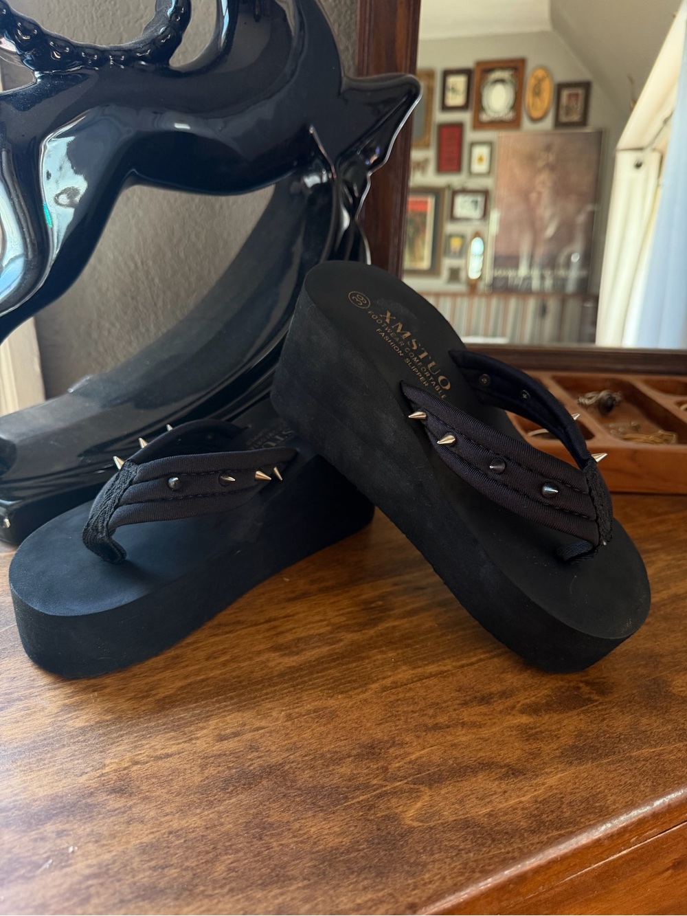 Black Platform Flip Flop Sandals with Studded spikes Straps